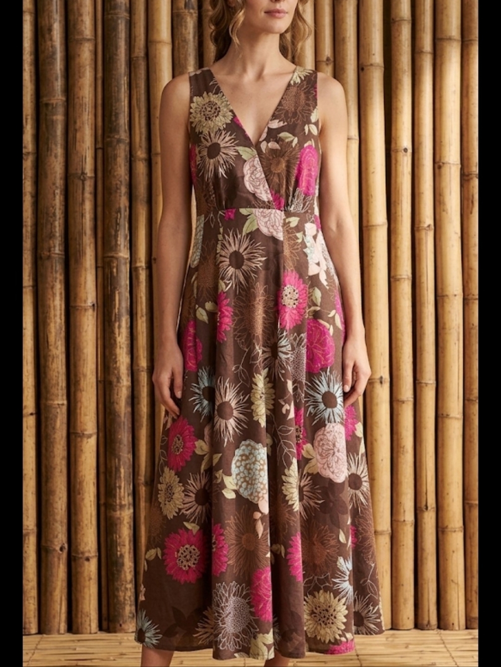 Deep V wrap Front Maxi Dress Sz 12 Brown Floral a.n.a. Sundress